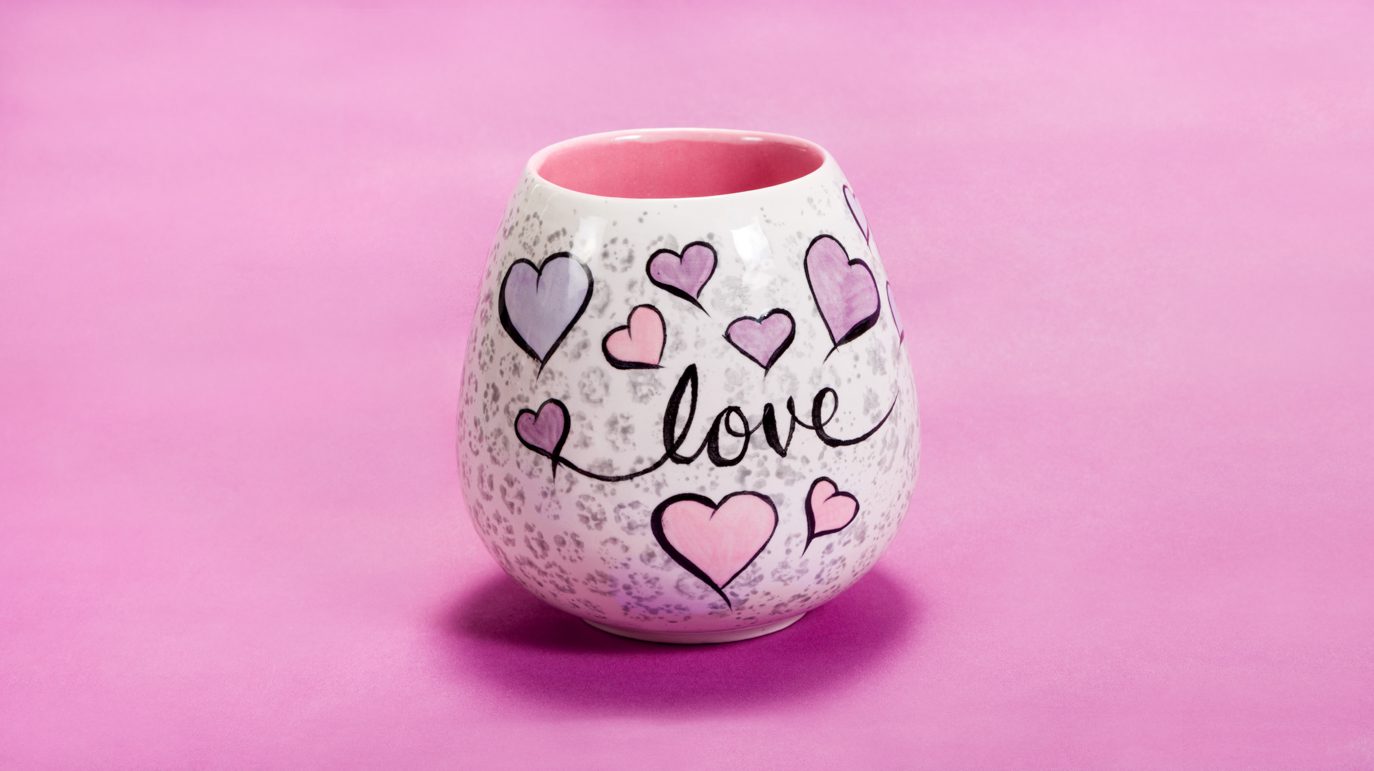 a pot painted with the word love and hearts