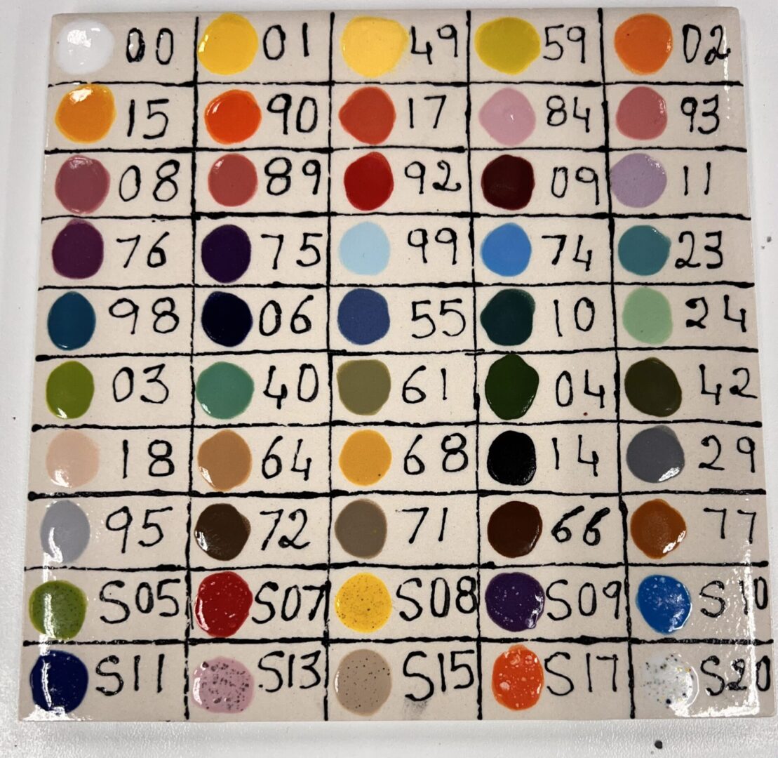 A color palette with labeled paint samples on tiles.